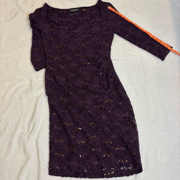 Lauren Ralph Lauren Dark Purple Lace Sequin Cowl-Neck Sheath Dress Sz 8 - Picture 10 of 15